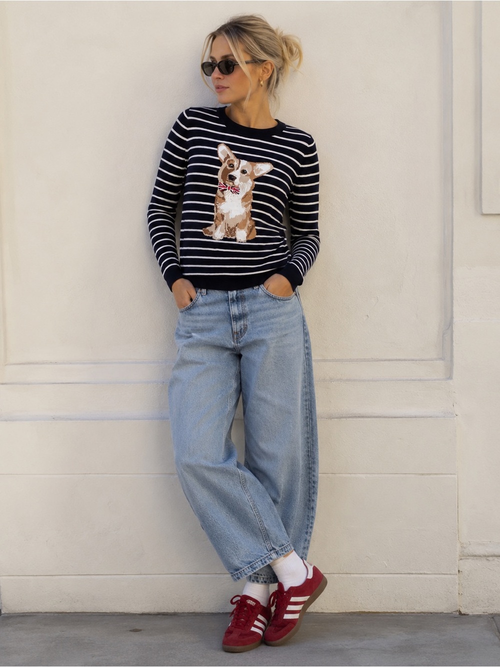 Talbots Corgi Sweater Preppy Euro Style Navy Stripe Crewneck S Dog Lover UK S